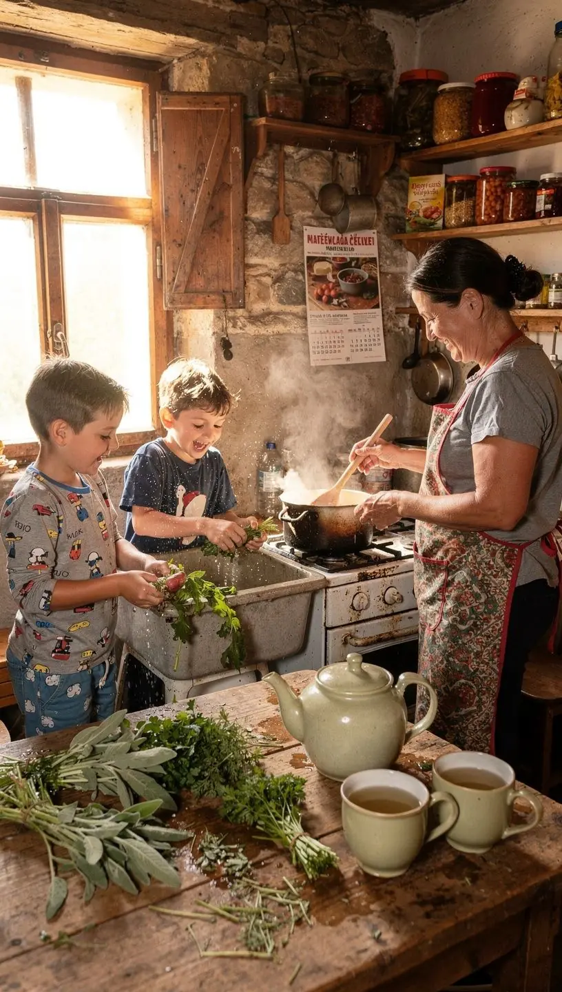 Teázás pillanata, ahol a zsálya tea ízét élvezik egy baráti társaságban.