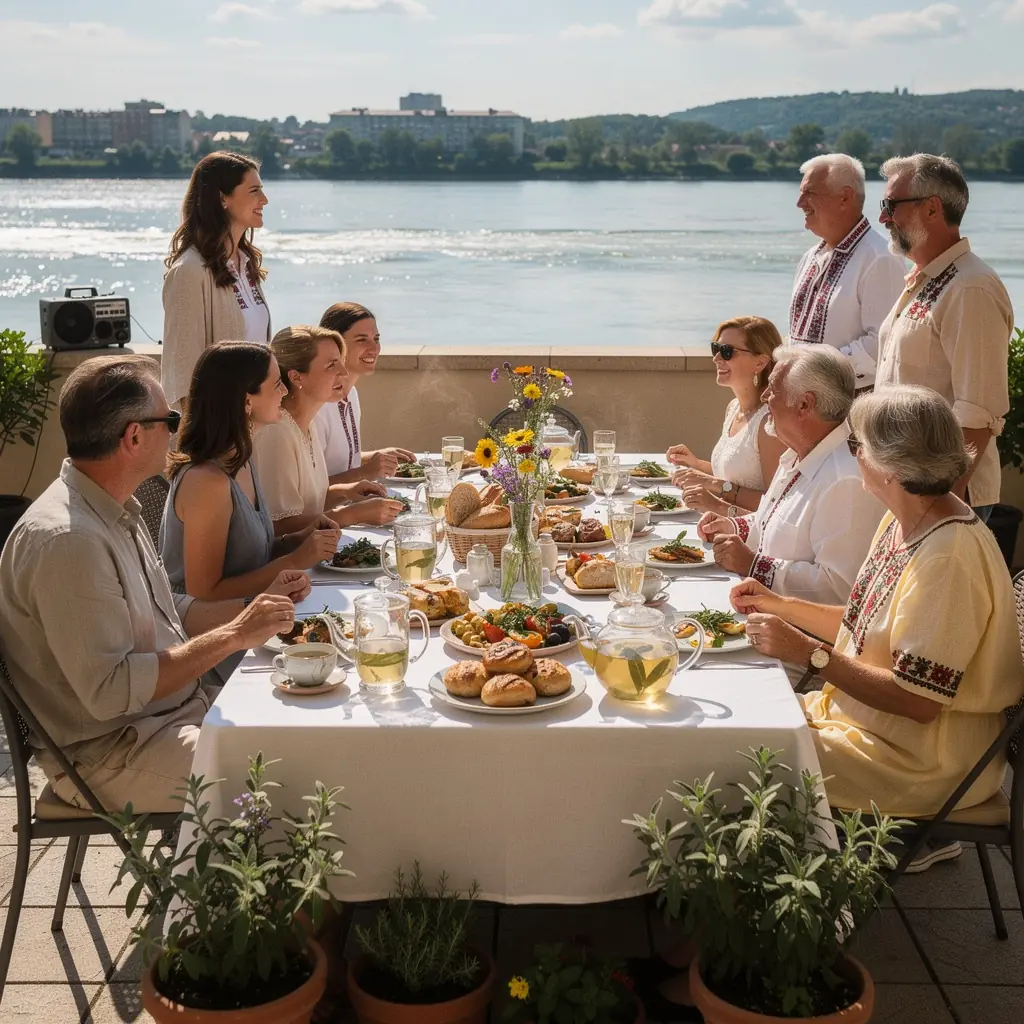 Zsálya tea és egészséges falatok, étkezőasztalon elhelyezve.