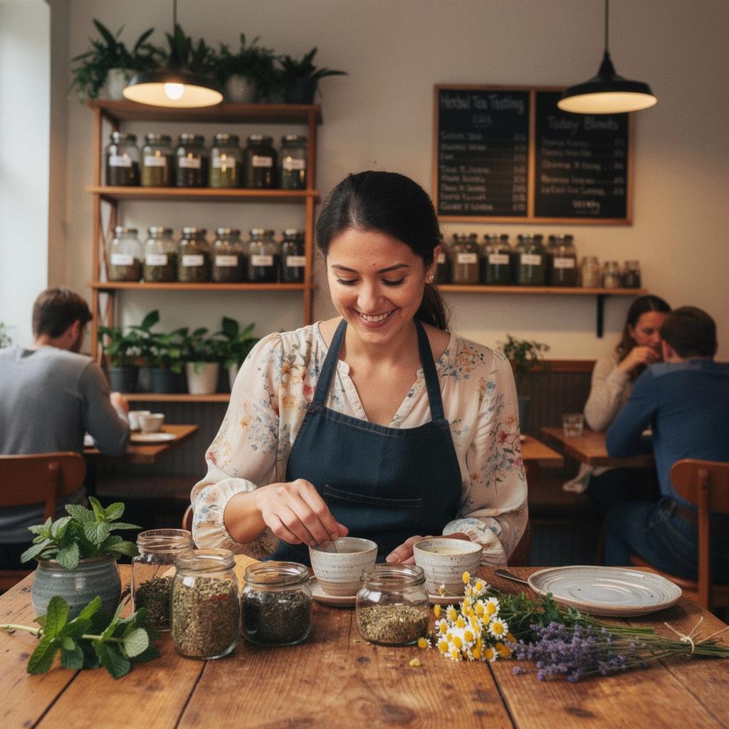 Teázó asztal, ahol a zsálya tea mellett friss gyümölcsök és sütemények találhatók.